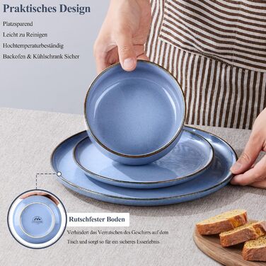 Набір посуду Joyfair на 6 осіб, 18 предметів: тарілки для їжі, десертні тарілки, миски для каші, з реактивною глазур'ю, для мікрохвильової печі та посудомийної машини (Ozean Blau)