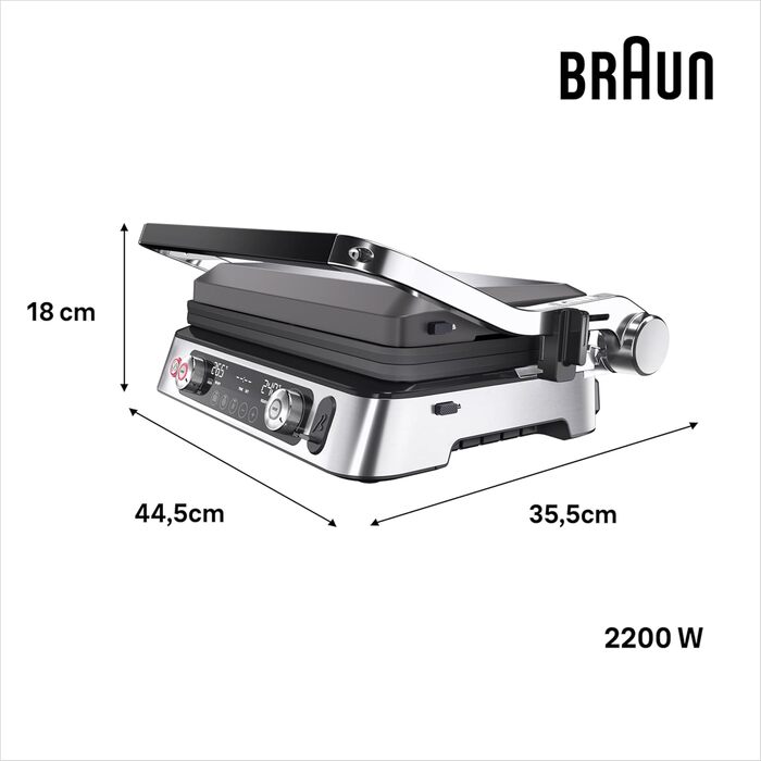 Braun MultiGrill 9 Pro CG 9167, contact grill with grill, flat, and waffle plates and temperature probe. Grill positions: contact, BBQ, oven. Dishwasher-safe plates, Boost function up to 265°.