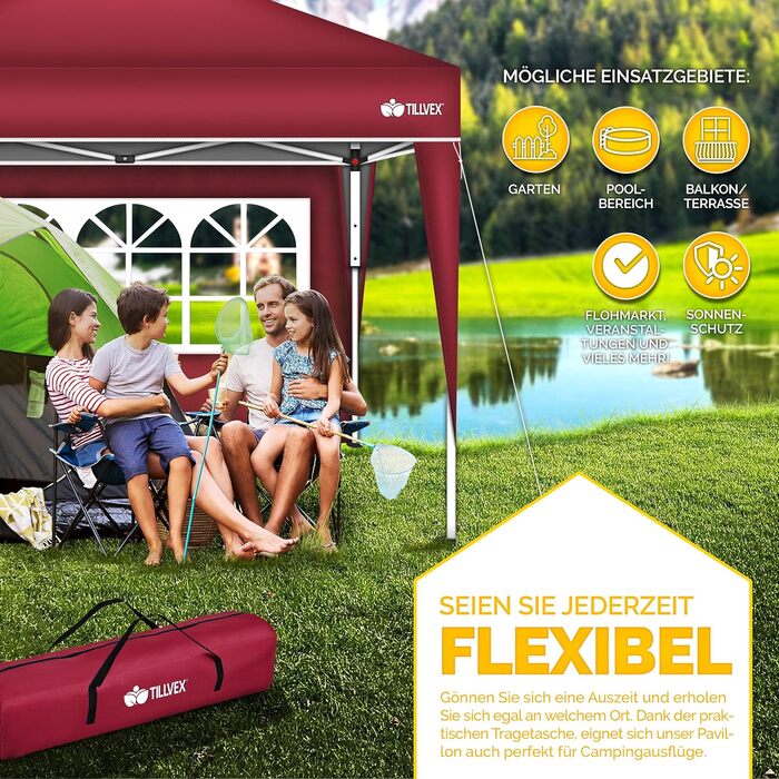 3x3m Waterproof Gazebo | Pop-Up Folding Gazebo with Adjustable Height | Garden Tent with UV Protection 50+ | Party Tent with Bag for Garden (Red - with 2 Side Panels)