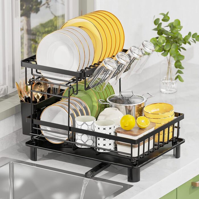 LIONONLY Dish Drying Rack, Large 2-Tier Dish Drying Rack with Drip Bowl, Stainless Steel Dish Drying Rack with Utensil Holder, Beverage Holder, and Swivel Spout, Dish Drying Stand Kitchen