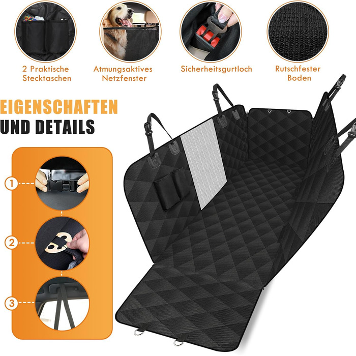 Накладка на сидіння автомобіля для собак Caliyo, 143.5x134 см, чорна. Захист заднього сидіння, водовідштовхувальна, анти-царапин, з боковими захистами та віконцем. Універсальна.