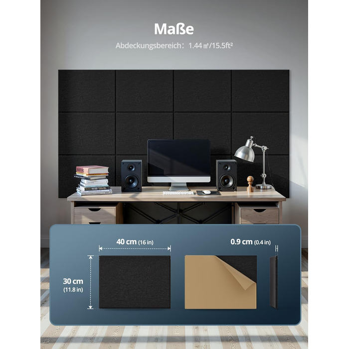 Акустичні панелі для звукоізоляції стін прямокутні, шумопоглинаючі панелі високої щільності з самоклейкою, чорні (30x40x0.9 см, 12 шт)