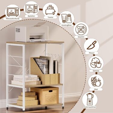 WOLTU Kitchen Shelf, Freestanding Shelf, Microwave Holder, Baker's Rack, Metal Shelf with Wood and Steel, with 3 Shelves, approx. 60 x 40 x 82 cm, White + Light Oak