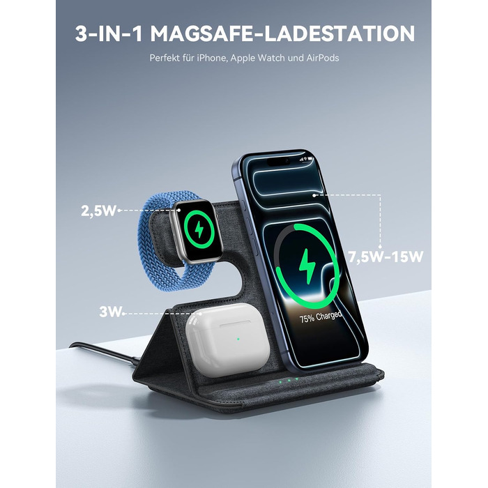 Зарядна станція 3 в 1 Lamicall для iPhone та Apple Watch, сумісна з MagSafe, сіра