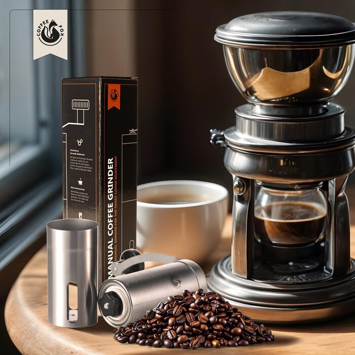 Кавомолка Coffee Fox® з нержавіючої сталі та керамічним жорном - ручна кавомолка для дому, подорожей, офісу