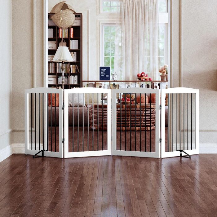 Захисне ґратка для собак у квартиру без свердління, металева, дерев'яна, розкладна, біла, 4 панелі