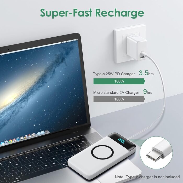 Бездротовий Power Bank 26800mAh 25W PD 3.0 + QC 4.0, зовнішній акумулятор з LCD-дисплеєм та підтримкою швидкої зарядки 15W, 4 USB виходи для iPhone, Samsung, Huawei, Oppo — Білий, Слім