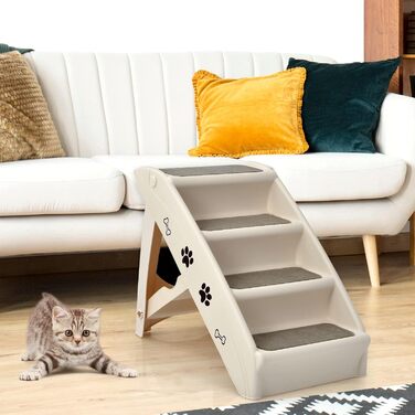 COSTWAY 4-Step Pet Stairs with Carpet, Dog Stairs Plastic Cat Stairs Foldable, Portable Dog Ramp Pet Stairs for Dogs and Cats, Pet Ramp for Climbing and Scratching (Beige)