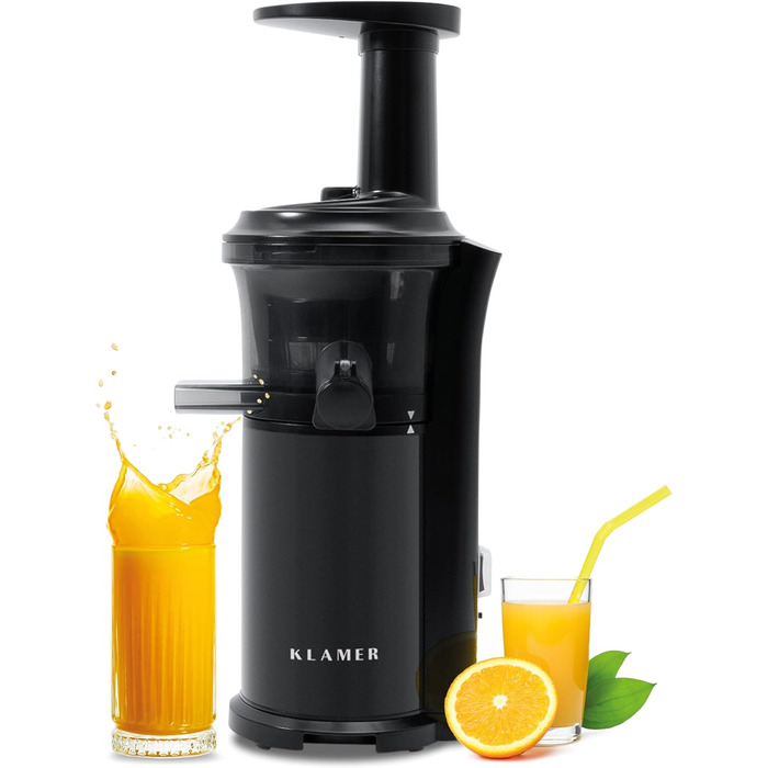 KLAMER Slow Juicer Vegetables and Fruit, Juicer with Reverse Function, Electric Fruit Press with Brush and 2 Containers, Sleek Design, Black