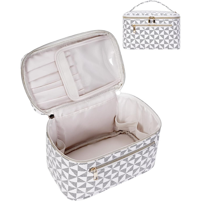 Косметичка для жінок, велика дорожня косметичка для макіяжу з відділенням для пензлів, органайзер, культиватор, шкіра PU, портативна сумочка для макіяжу, зелена (запатентовано) (шахматна дошка)