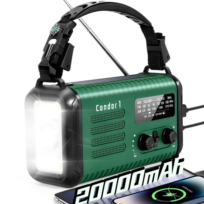 Радіо Kurbelradio 20000mAh сонячне з ручним заводом, AM/FM, SOS, LED-ліхтарик, USB зарядка для телефону, аварійне живлення, зелений