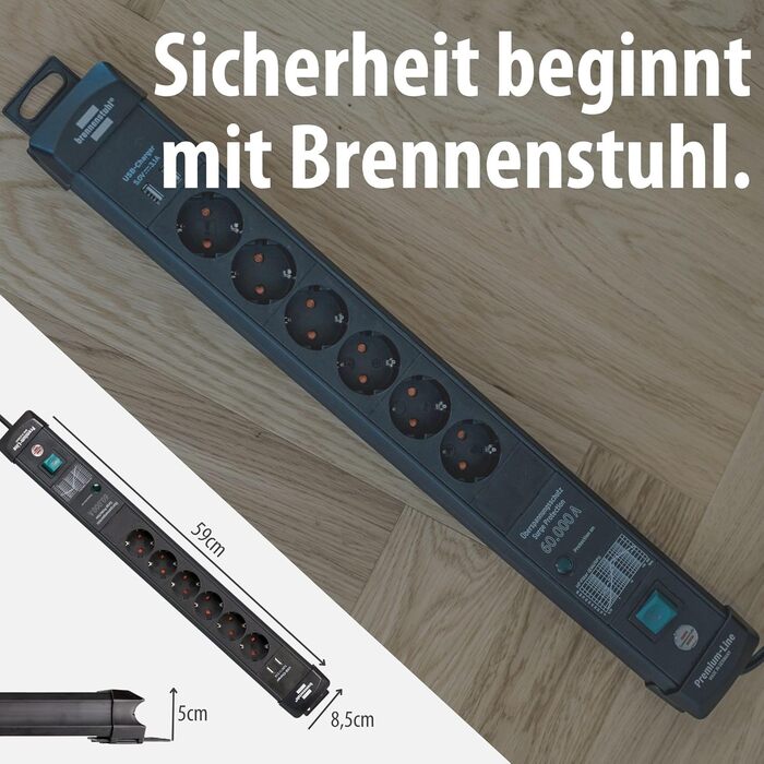 Брененштуль Steckdosenleiste Premium-Line: Розподільник розеток 6-фазний з захистом від перенапруги до 60000A, з вимикачем, 3м кабель, 2x USB 3.10A, для монтажу на стіну, Made in Germany, чорний, захист від витоку струму 60000A