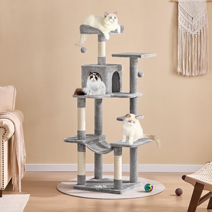 Кігтеточка для котів MSmask велика, багатоповерхова з платформами, гамаком та сизалевими стовпами (світло-сіра)