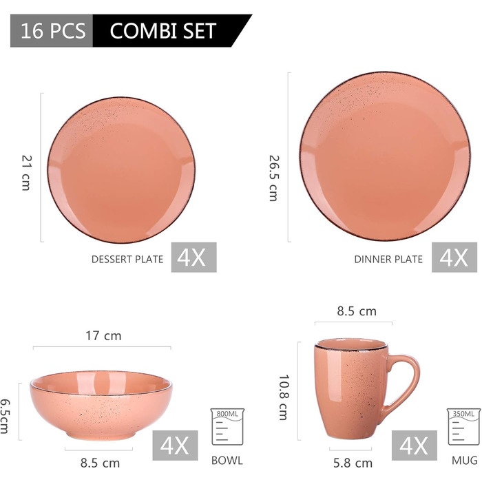 Сервіз Vancasso Serie Navia Teller, 32 елементи, на 8 осіб, сучасний дизайн (Рожевий, 16 елементів)
