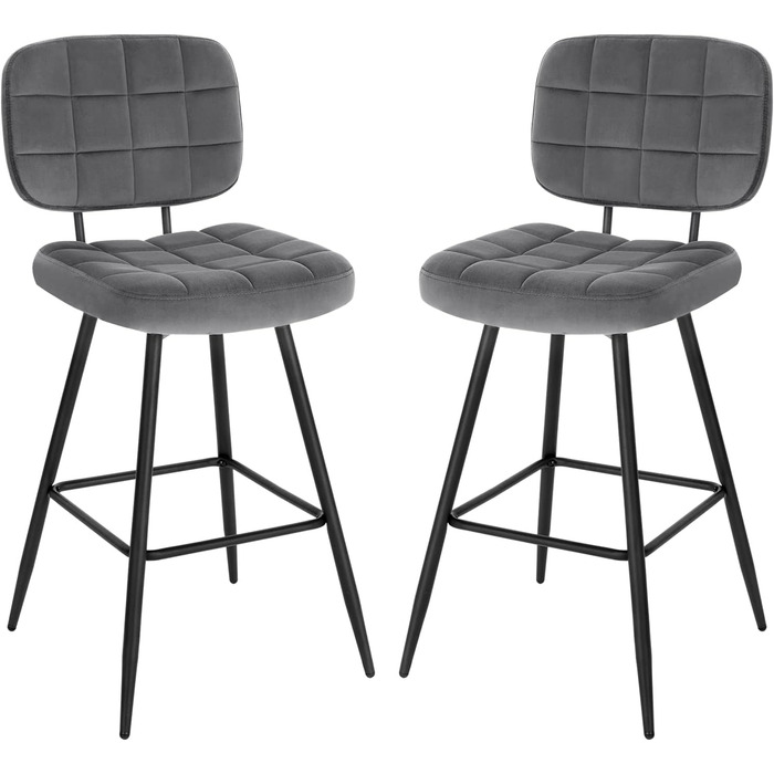EUGAD Velvet & Metal Bar Stools 2-Pack - Padded Kitchen Counter Stools with Footrest & Backrest - Dark Gray