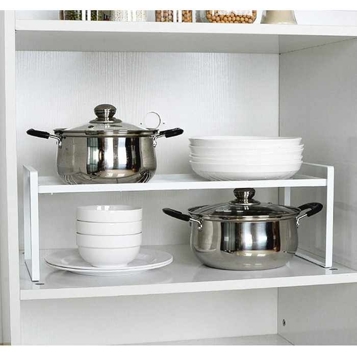KZOBYD Expandable Kitchen Shelf, Foldable Kitchen Cabinet Shelf Spice Rack Organizer for Dishes and Supplies Stackable Kitchen Storage Organizer for More Storage Space (White, M)