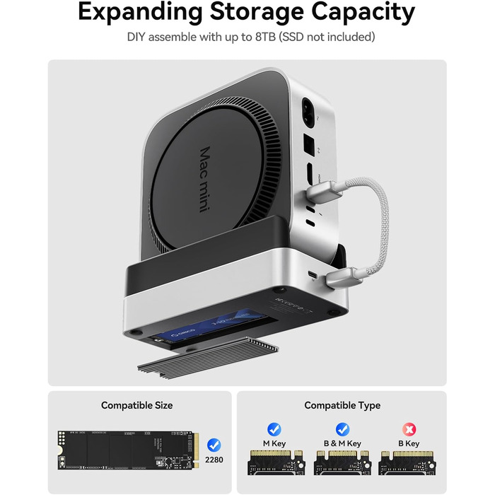 ORICO MiniDock: Док-станція та підставка для Mac mini M4/M4 Pro з корпусом для NVMe SSD, USB-C хаб з 4K HDMI, DisplayPort, SD/TF 3.0, USB-C/A 10Gbps, PD 100W - VS10 (6-в-1, DIY)