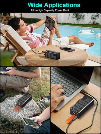 Портативний акумулятор 140W 70000mAh з 5 виходами USB-C, PD3.1, QC4.0, LED-дисплеєм, ліхтариком, для ноутбука, телефону, планшета, подорожей, кемпінгу, чорний