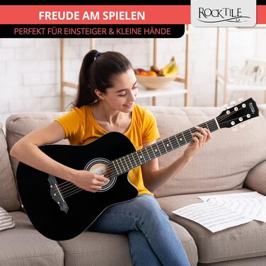 Rocktile WSD-5C-BK: Акустична гітара Western Slim Line - Комплект з чохлом, струнами, ременем та медіатором (Чорний)