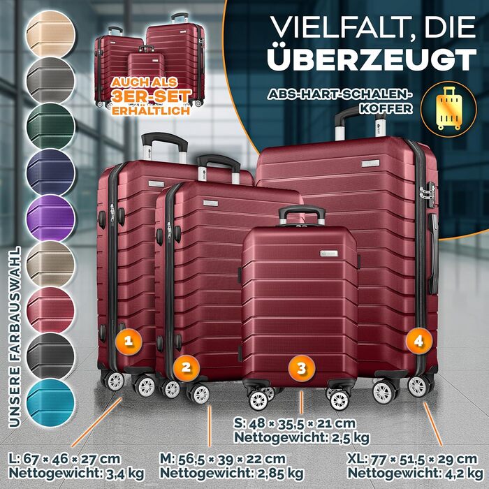 Набір валіз Tillvex® 4 шт. + ваги для багажу, 8 ременів для багажу & 4 брелоки | Валізи на 4 колесах | Роликовий багаж з замком TSA | Валізи з твердим корпусом S-M-L-XL Червоний | Набір валіз 4 шт.