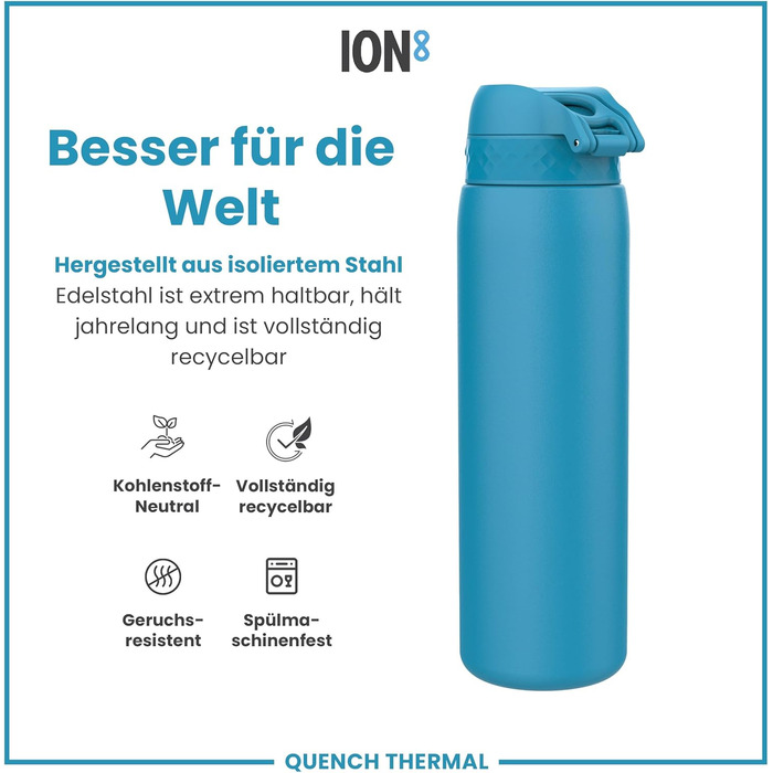 Ion8 Vacuum Insulated Stainless Steel Water Bottle, 1 Liter, 920 ml, Leak-Proof, One-Handed Opening, Secure Locking, Dishwasher Safe, Carrying Handle, Durable, Ideal for Sports and Yoga (OneTouch 2.0, Blue)