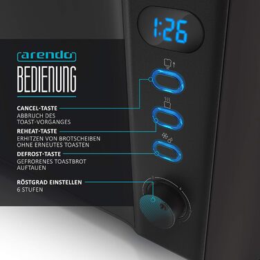 Arendo - 2-Slice Long Slot Toaster - Defrost Function - 1000 W - Double-walled Housing - Integrated Roll Attachment - Browning Levels 1-6 – Display with Remaining Time Indicator - Stainless Steel Black Matte A: Black Matte