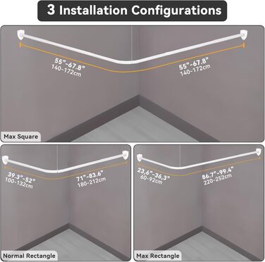 Штанга для душу L-подібної форми, регульована, з кріпленням для гардини та підпоркою для ванни/ванної кімнати, біла, 100-175см x 140-214см, потрібне свердління