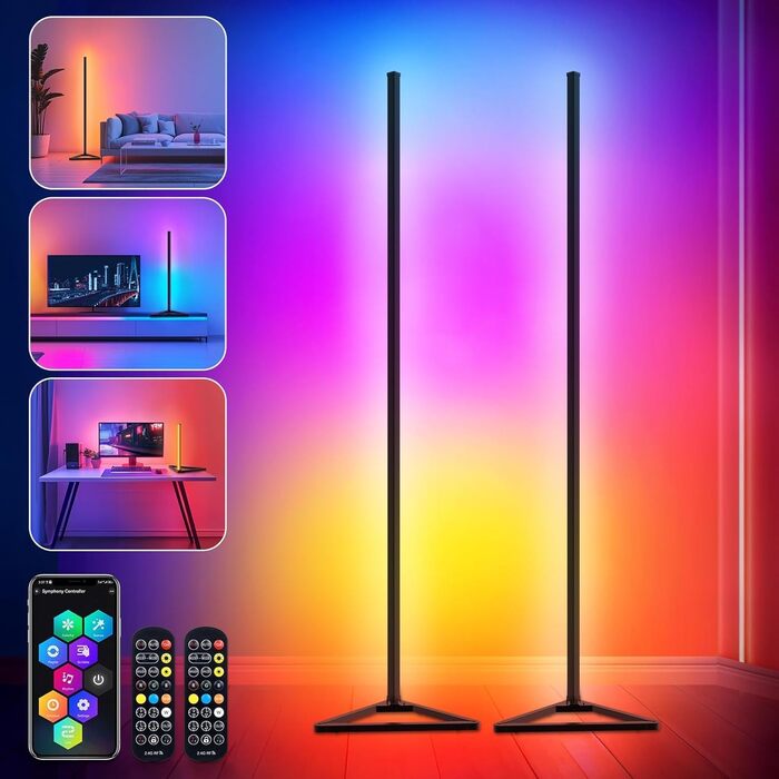 LED торшер RGBIC з підсвічуванням, диммуванням, керуванням через додаток, 16 мільйонів кольорів, 300 режимів, музичний режим та таймер, 140 см, чорний (2 шт.)