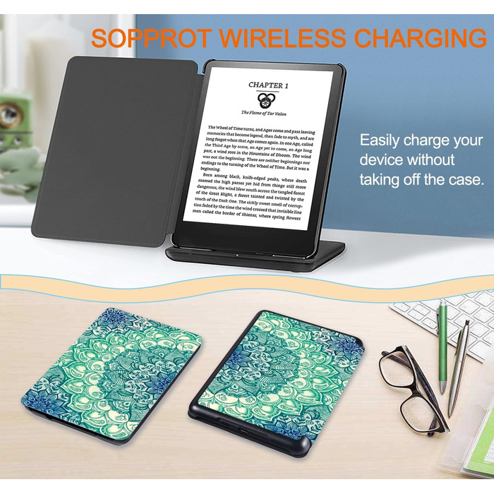 Чохол TOKILO для Kindle 6 (11-го покоління 2024/2022), м'яке PU-шкіряне покриття з авто-ввімкненням/вимкненням, чорний (смарагдовий візерунок)