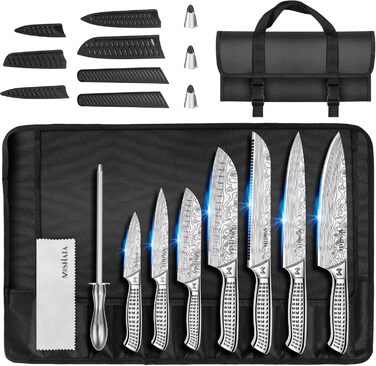 MOSFiATA 17-Piece Kitchen Knife Set with Titanium Coating - Professional Chef Knife Set with Scissors, Finger Guards, and Gift Box (Includes 12 Outdoor Knives)