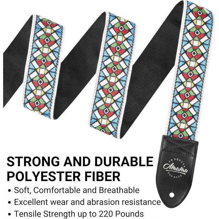 Гітарний ремінь Amumu з бавовни з вишивкою троянд та шкіряними кінцями для бас-, електро- та акустичної гітари, з фіксатором для голівки та блоками для ременя (Білий)