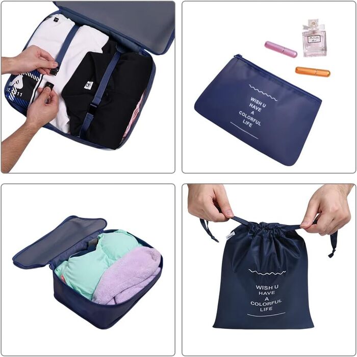 Органайзер для валізи OSDUE, набір 8 шт: кубики для пакування, водонепроникні сумки для одягу, органайзери для подорожей, косметичка, мішечок для взуття, кишеня для USB-кабелів (Бежевий) (Тип B-8шт Синій)