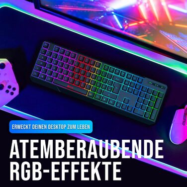 KLIM Chroma Wireless - Бездротова ігрова клавіатура QWERTZ DE з RGB підсвічуванням, тиха та ергономічна, довговічна та водовідштовхуюча - для PC, Mac, PS4, PS5 - Чорна