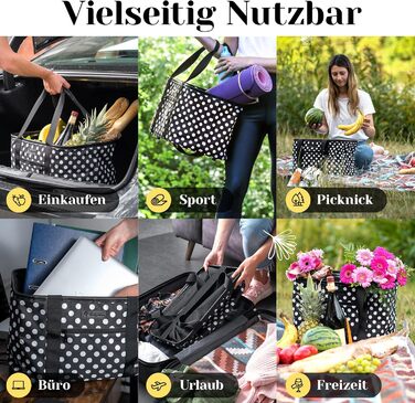 Foldable Shopping Basket in Premium Quality | Shopping Bag with Soft PU Leather Handle | Ideal Shopping Basket with 30 Liter Capacity | Sturdy & Secure Shopping Bag (Black/White Dotted)