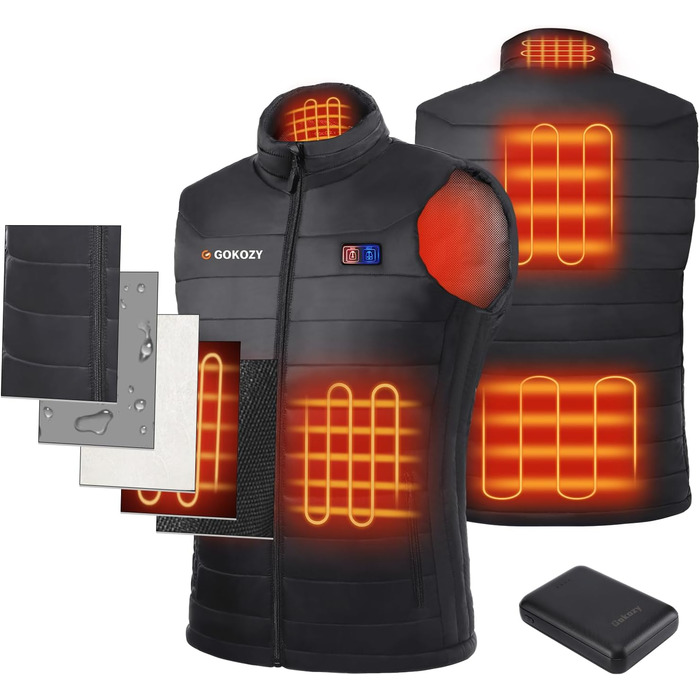 Обогрівальний жилет Gokozy для чоловіків та жінок з акумулятором 10000 mAh та 5 зонами обігріву, чорний XL
