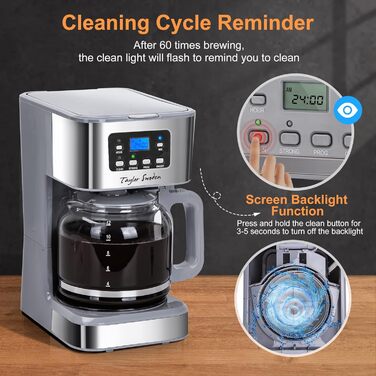 Кавомашина Taylor Swoden Darcy 950W з таймером, 1.5L, 12 чашок, автоматичне відключення, стоп-капля, багаторазовий фільтр, BPA-free (сіра)