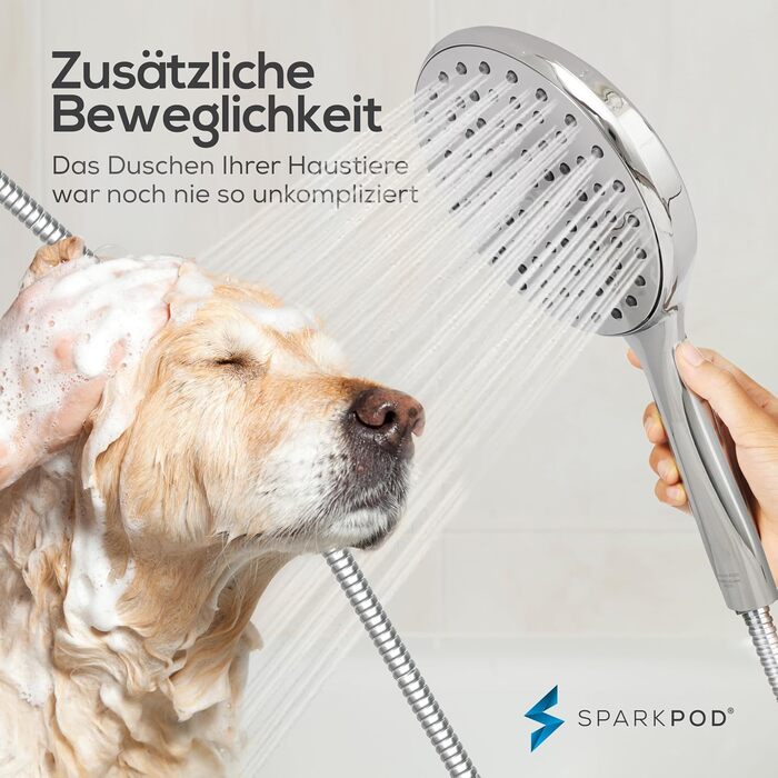 Душова лійка SparkPod з високим тиском, 15 см, XXL, з довгим шлангом, хром, розкішний дизайн, легке встановлення без інструментів