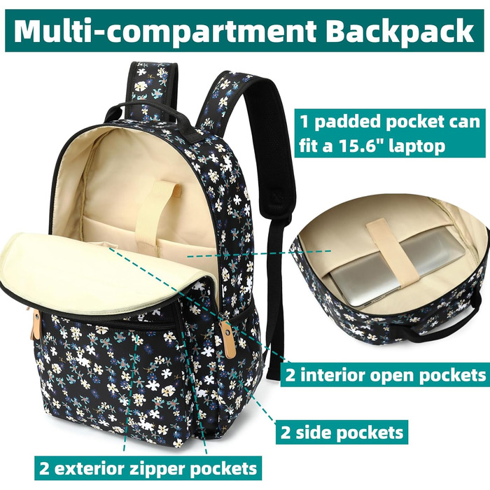Шкільний рюкзак Leaper з квітковим принтом, сумка-рюкзак, сумочка для книг, дамська сумка 42 л, темно-синій з білим, 2 шт.