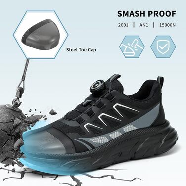 Черевики робочі чоловічі та жіночі спортивні, легкі, дихаючі, на шнурівці, з швидкою застібкою, з обертовим закриттям, з металевим підсилювачем, 44 EU, чорні