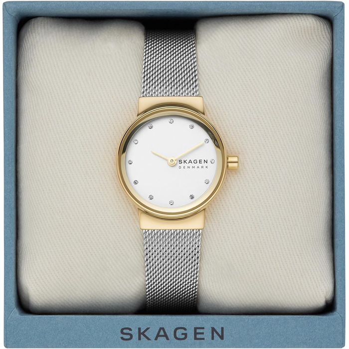 Жіночий кварцовий годинник Skagen Freja Lille 26 мм, сріблястий з золотистими елементами, сталевий або шкіряний ремінець