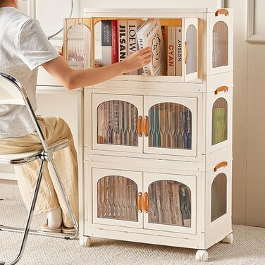 Foldable Kitchen Cabinet 98cm Storage Cabinet with 3 Doors and Wheels, Kitchen Cabinet for Living Room, Kitchen, Office, Large White