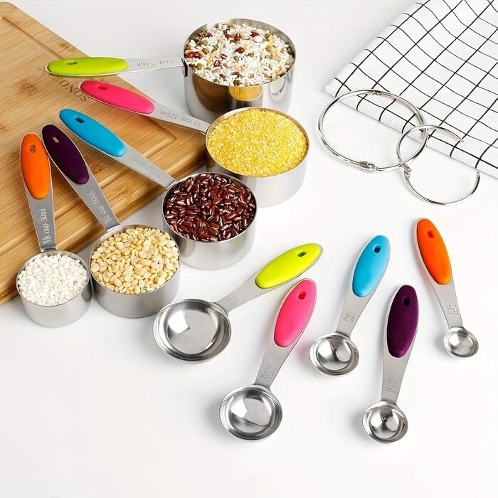 Stainless steel measuring cups and spoons, set of 15 measuring cups, 5 measuring spoons, and 5 small spoons, nesting metal measuring cup set with colorful silicone handles for cooking and baking
