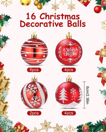 Кульки для ялинки з пластику червоно-білі, 16 шт. - прикраси для ялинки, різдвяний декор
