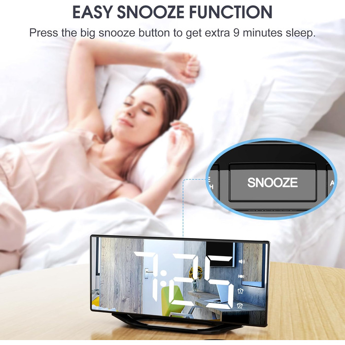 Loud alarm clock with bed shaker for heavy sleepers, digital dual alarm clock with vibration, 8.7'' LED mirror alarm clock for children, teenagers, 7 volume levels and dimmer, battery backup, snooze, 12/24H-DST