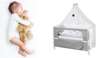 Crib Attachment Bed 60 x 120 cm - Adam & Eule Room Bed - Baby cot to be attached to parent's bed - Includes mattress, bedding, canopy - Mobile & Height adjustable - Wood white / Adam & Eule 126L x 66W x 157H cm