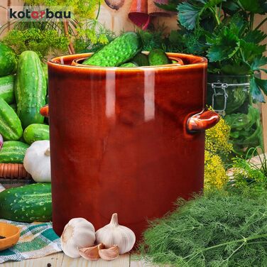 Керамічний гартопф KOTARBAU 10 л, бурий, з герметичною кришкою для квашення, соління, з водяним затвором