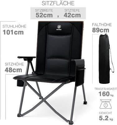 Крісло кемпінгове розкладне EVER ADVANCED з регульованою спинкою (4 положення), чорне, до 160 кг, з бічною кишенею та підсклянником