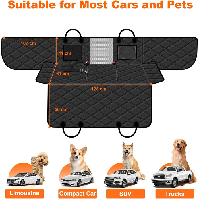 Захисний чохол на заднє сидіння автомобіля для собак, водовідштовхуючий, антиковзаючий, 128x61 см, чорний