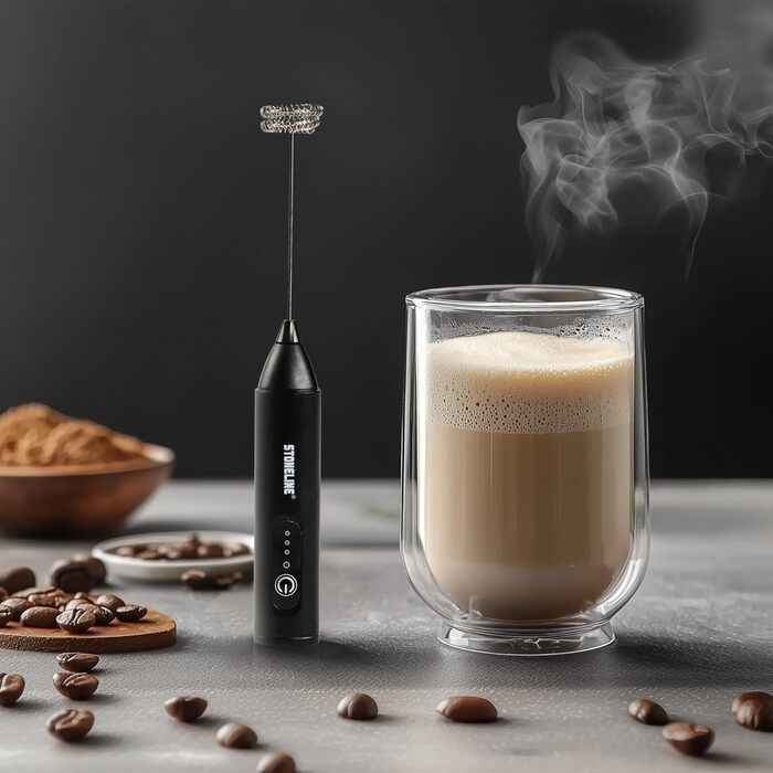 Електричний пінозмішувач STONELINE USB-C: 3 режими, міксер з нержавіючої сталі, подвійний пружинний механізм, для кави, капучино, коктейлів, чорний