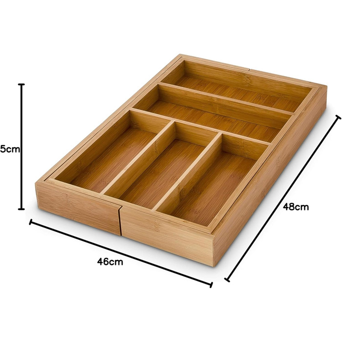 Relaxdays Cutlery Box Adjustable (H x W x D): approx. 5 x 48 x 46 cm. Bamboo drawer insert with 5 to 7 compartments as a cutlery insert and kitchen organizer, large cutlery tray for the drawer, natural.